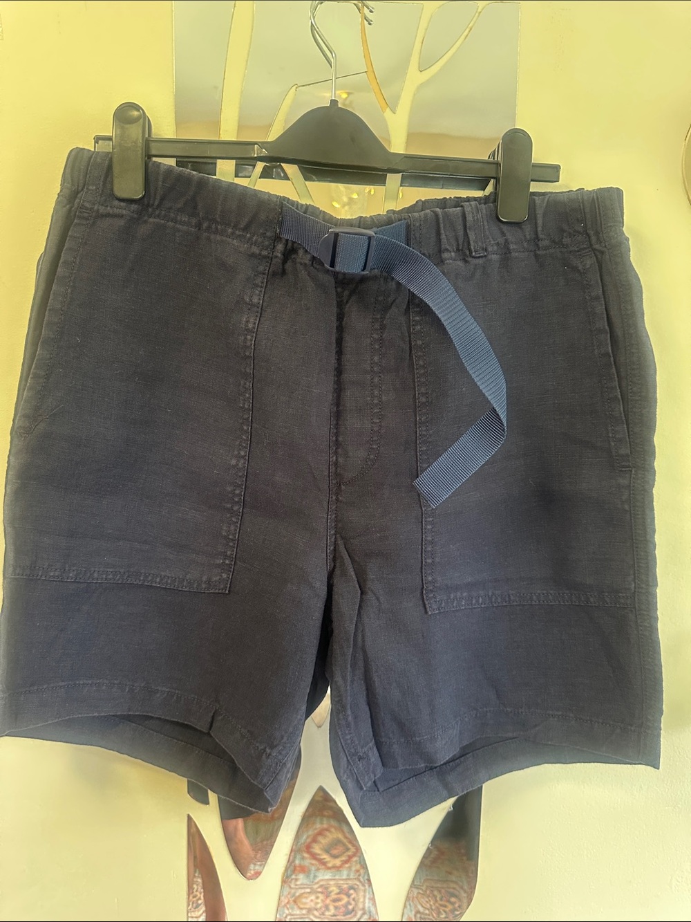 NWT Joe's Jeans Navy Elastic-Waist Linen-Blend Shorts with Webbing Belt (L)